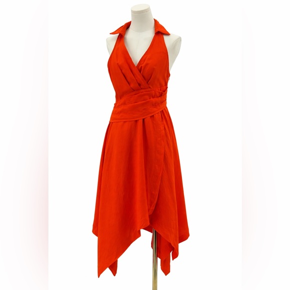 En Saison Elegant Burnt Orange Halter Midi Dress – Flowy Wrap Silhouette Size M - Picture 2 of 16